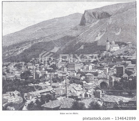 Mostar Panorama With Old Bridge, Hillside Town, Churches, Minarets, and Majestic Mountain Backdrop Mostar Panorama With Old Bridge, Hillside Town, Churches, Minarets, and Majestic Mountain Backdrop 134642899