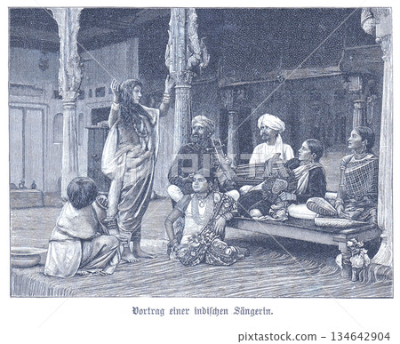 Group of Indian Musicians and Singers in Traditional Setting, With A Standing Female Vocalist, A Sitting Elder, And Instrumental Players Creating A Rich Cultural Scene Group of Indian Musicians and Singers in Traditional Setting, With A Standing Female Vocalist, A Sitting Elder, And Instrumental Players Creating A Rich Cultural Scene 134642904