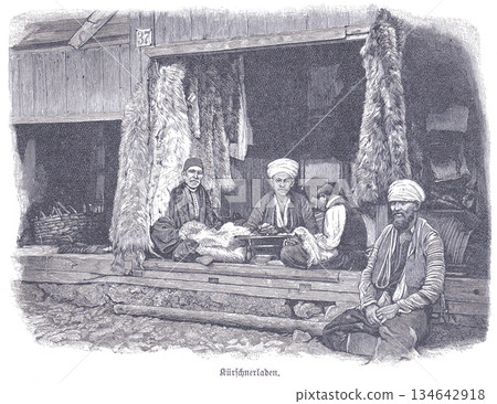 Historic Fur Shop Scene With Workers And Pelts In A Traditional Market Workshop 134642918