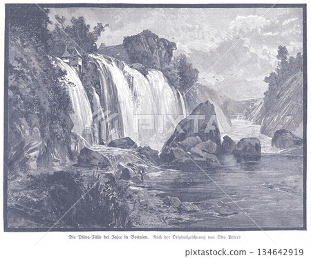Waterfall Scene at Pliva Falls near Jajce, Bosnia and Herzegovina with Rocks and River Landscape 134642919