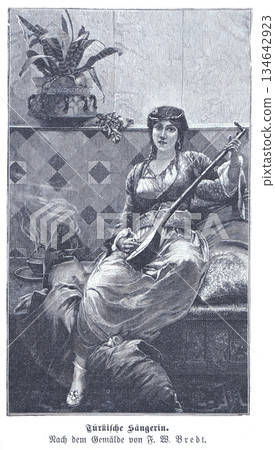 Turkish Singer Woman Playing Lute in Traditional Dress, Seated Gracefully in a Classic Indoor Setting 134642923