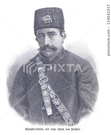 Portrait Of Muzaffer-Eddin, The New Shah Of Persia, in Traditional Uniform with Regal Sash Portrait Of Muzaffer-Eddin, The New Shah Of Persia, in Traditional Uniform with Regal Sash 134642937