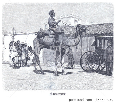 Camel Rider in India, 1888: A Vintage Street Scene with Mounted Traveller, Local Onlookers, and a Wooden Cart Along a Bustling Town Street Camel Rider in India, 1888: A Vintage Street Scene with Mounted Traveller, Local Onlookers, and a Wooden Cart Along a Bustling Town Street 134642939