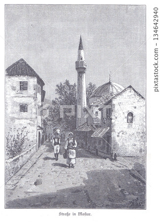 Mostar Street Scene With Minaret, Dome, and Old Stone Buildings, Pedestrians Walking Through Historic Alley Mostar Street Scene With Minaret, Dome, and Old Stone Buildings, Pedestrians Walking Through Historic Alley 134642940