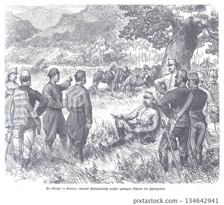 Generals and Soldiers in a Bosnian War Camp: A Historic Battlefield Meeting Under a Tree, Where Officers Discuss Strategy Amid Horsemen and Infantry 134642941