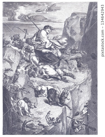 Dramatic Cliff Rescue During a Storm: Figures and Animals Clinging to a Rugged Cliff Ledge Dramatic Cliff Rescue During a Storm: Figures and Animals Clinging to a Rugged Cliff Ledge 134642943