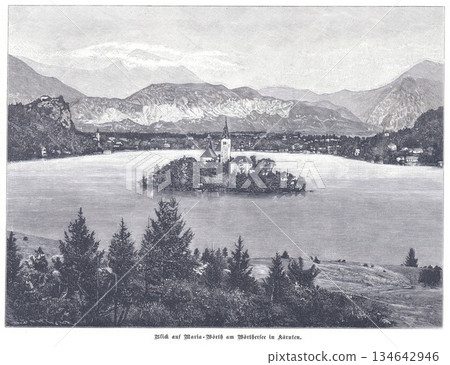 Saint Mary Church on Island in Lake With Alpine Mountains and Village Landscape Saint Mary Church on Island in Lake With Alpine Mountains and Village Landscape 134642946