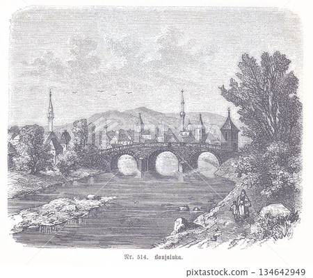 Historic Banjaluka Cityscape With Stone Bridge Over River Vrbas And Spired Towers At Dusk Historic Banjaluka Cityscape With Stone Bridge Over River Vrbas And Spired Towers At Dusk 134642949