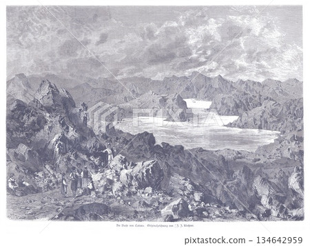 Rugged Coastal Scene at Kotor Bay With Groups Of People On The Rocky Shore 134642959