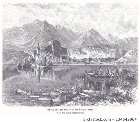 Castle On A Lake With Mountain Range, Group Of People In A Boat Crossing The River Castle On A Lake With Mountain Range, Group Of People In A Boat Crossing The River 134642964
