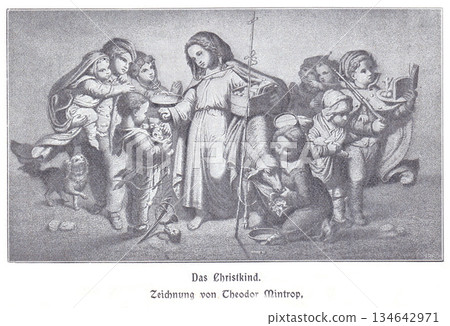 The Christ Child Nativity Scene: Mary With Baby Jesus Surrounded By Shepherds, Angels, And Family In A Traditional Christmas Illustration By Theodor Mintrop 134642971