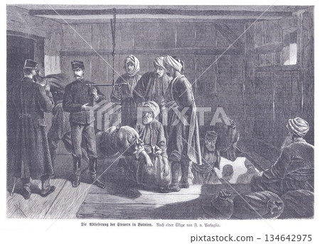 Taxation Scene in Bosnia: Officials, Villagers, and a Tense Interior in a Historic Ottoman Town 134642975