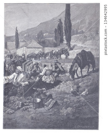 Bustling Mountain Village Market Scene With Horses, Chickens, Tents, and Indigenous Villagers 134642995