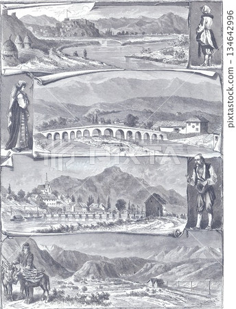 Historic Landscape Montage With Bridges, Villages, and Travelers Across Mountainous Scenery Historic Landscape Montage With Bridges, Villages, and Travelers Across Mountainous Scenery 134642996