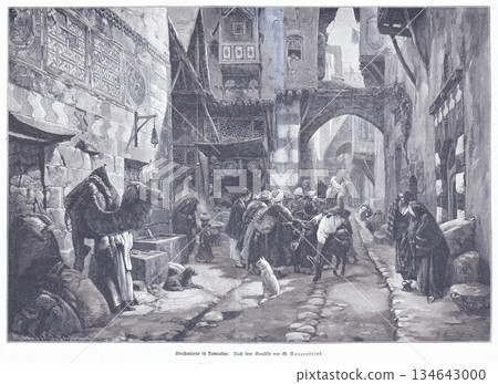 Bustling Medieval Street Scene in Damascus With Merchants, Travelers, Animals, and Intricate Archways Bustling Medieval Street Scene in Damascus With Merchants, Travelers, Animals, and Intricate Archways 134643000