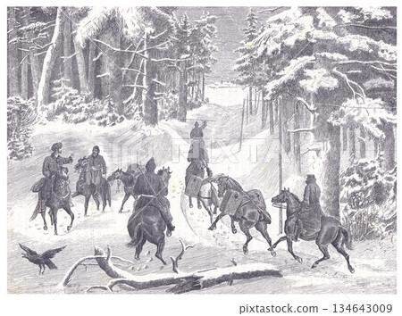 Winter Cavalry in a Snowy Forest: A Historic Scene of Mounted Riders Moving Through a Snow-Covered Trail Winter Cavalry in a Snowy Forest: A Historic Scene of Mounted Riders Moving Through a Snow-Covered Trail 134643009