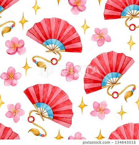 Chinese New Year seamless pattern. Watercolor print with red fan and flowers. 134643018