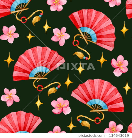 Chinese New Year seamless pattern. Watercolor print with a red fan and flowers on a dark background. 134643019