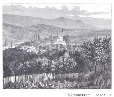 Bosnia Muslim Cemetery Overlooking Town With Mosque Dome, Hills, And Foreground Fence Bosnia Muslim Cemetery Overlooking Town With Mosque Dome, Hills, And Foreground Fence 134643024