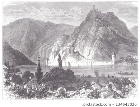 Historic Mountain Fortress Overlooking the Drina River: Cliffside Castle and Town Below with Minaret, Tower, and Riverside Boats in a Timeless Engraved Landscape 134643026