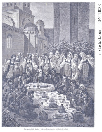 Historic Banquet Outdoors With A Large Group Of People In Traditional Attire At A Long Table Historic Banquet Outdoors With A Large Group Of People In Traditional Attire At A Long Table 134643028