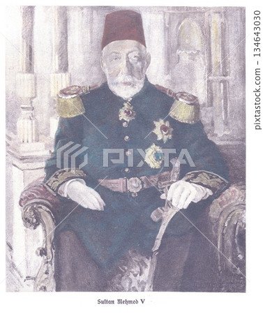 Ottoman Sultan in Ceremonial Uniform Seated on Ornate Chair with Medals and Scepter 134643030