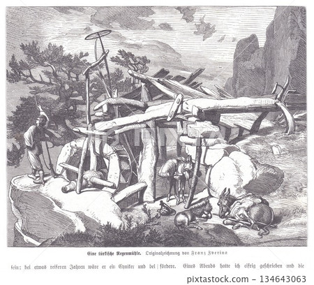 Old Turkish Windmill Ruin in Rocky Landscape with People and Animals, Engraved Scene, Historical Illustration Old Turkish Windmill Ruin in Rocky Landscape with People and Animals, Engraved Scene, Historical Illustration 134643063