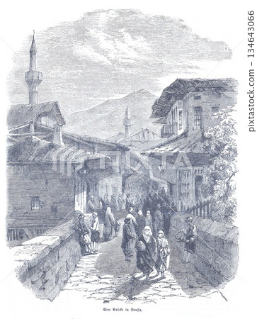 Historic Bridge in Bursa: Bustling Street Scene with Minarets and Old Town Charm Historic Bridge in Bursa: Bustling Street Scene with Minarets and Old Town Charm 134643066