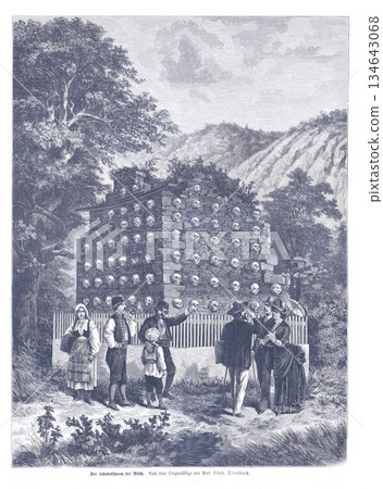 Forested Skull Pyramid Memorial Scene With People Observing, Vintage Illustration Forested Skull Pyramid Memorial Scene With People Observing, Vintage Illustration 134643068