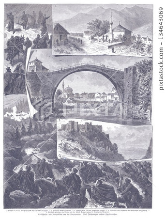 Historical Battle Scenes and Stone Bridge Landscape: A Classic Illustrated Collage of War, Town, and Fortress 134643069