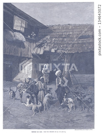 Traditional Village Scene With People, Dogs, and Animals Outside a Worn Thatched House 134643072