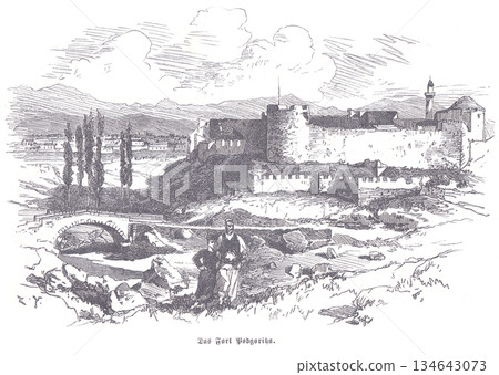 Historic Fortress of Podgorica Overlooking a Wide River Landscape With Ruins And Tower, 1870 Illustration Historic Fortress of Podgorica Overlooking a Wide River Landscape With Ruins And Tower, 1870 Illustration 134643073