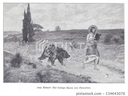 Saint Marin of Dalmatia Reading a Book While Guided by a Bear in a Sparse Landscape Saint Marin of Dalmatia Reading a Book While Guided by a Bear in a Sparse Landscape 134643078