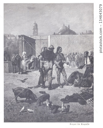 Bazaar in Ragusa: A Bustling Medieval Market Scene With Traders, Animals, and City Walls Bazaar in Ragusa: A Bustling Medieval Market Scene With Traders, Animals, and City Walls 134643079