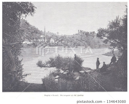 Maglaj Riverside Scene in Bosna, People by Riverbank with Historic Town, Mosque, and Old Architecture View 134643080