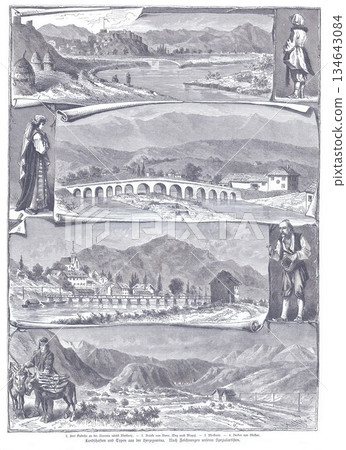 Historic Landscape Panorama: Mountain Towns, Bridges, and Travelers in Scroll Frames 134643084