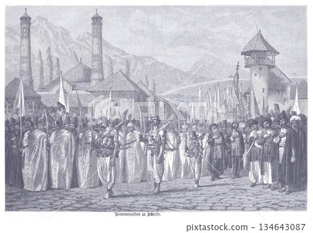 Historical Mourning Military Parade: A Grand Funeral Procession With Soldiers, Flags, and Towers in an Old Mountain Town 134643087