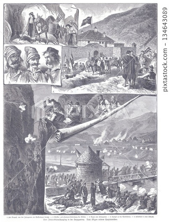 Historical Siege Scene: Soldiers, Torches, and Rolling Parchment Over a Mountain Fort 134643089