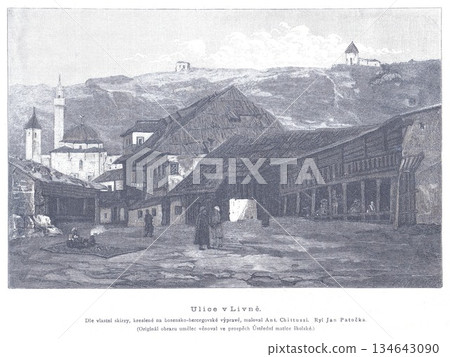Historic Livno Street Scene With Old Buildings, Church, And Hilltop Townscape 134643090