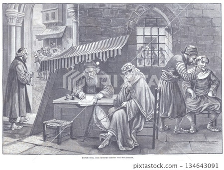 Turkish Lady Seeks Letter From Public Scribe In Historic Street Market Scene Turkish Lady Seeks Letter From Public Scribe In Historic Street Market Scene 134643091