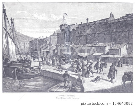 Historic Harbor Scene in Split, Croatia, With Market Life and Waterfront Fortifications Historic Harbor Scene in Split, Croatia, With Market Life and Waterfront Fortifications 134643092