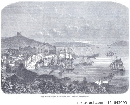 Historic Adriatic Harbor Scene With Sailing Ships And City Skyline At Zadar 134643093