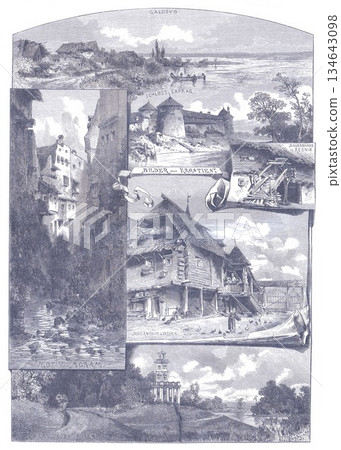 Historic Croatian Village And Castles Collage With Waterways And Wooden Architecture 134643098