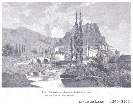 Historic Castle in Stolac Overlooking River, Bridge and Stone Townscape — An Antique Engraving Highlighting Balkan History, Architecture, and Scenic Landscape Historic Castle in Stolac Overlooking River, Bridge and Stone Townscape — An Antique Engraving Highlighting Balkan History, Architecture, and Scenic Landscape 134643161