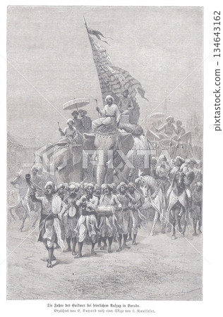Ancient Indian Procession With Elephants and Musicians On A Festive Parade Ancient Indian Procession With Elephants and Musicians On A Festive Parade 134643162