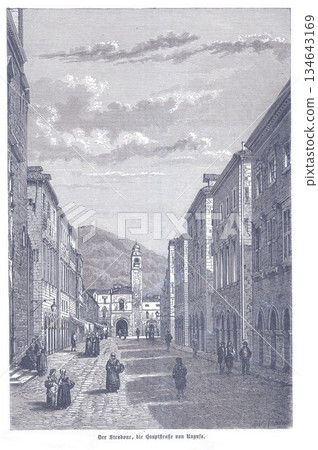 Historic Street in Dubrovnik With Clock Tower, Stone Buildings, and Cobblestone Road Leading to Old Town 134643169