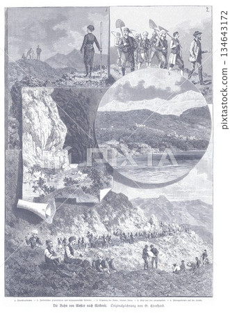 Historical Montage Of Mountain Railway Construction And Labor In A Coastal Landscape 134643172