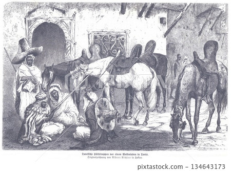 Historic Tunisian Street Scene With Horses And Traders In Traditional Robes In A Medina Historic Tunisian Street Scene With Horses And Traders In Traditional Robes In A Medina 134643173