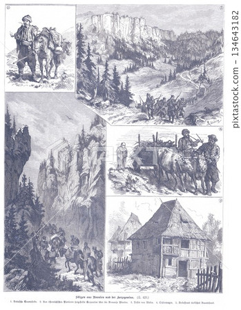 Historic Mountain Trail Scenes With Travelers, Villagers, and Rustic Dwelling in Quiet Landscape 134643182