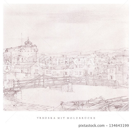 Vr BASka With Wooden Bridge: Historic European Town Sketch of Harbour, Boats and Stone Buildings in a Calm Waterfront Scene 134643199